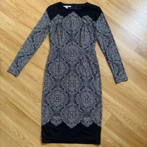 Maggy London Long Sleeve Black White Brown Patterned Pencil Dress Size 4